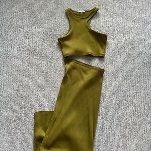 Zara Olive Green Ribbed Dress Set